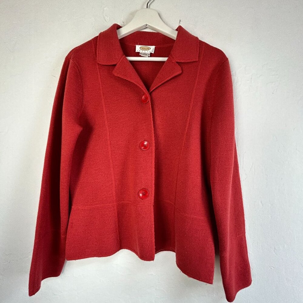 Talbots Womens Petites Small Red Button-Up Knit Blazer Jacket 100% Merino Wool